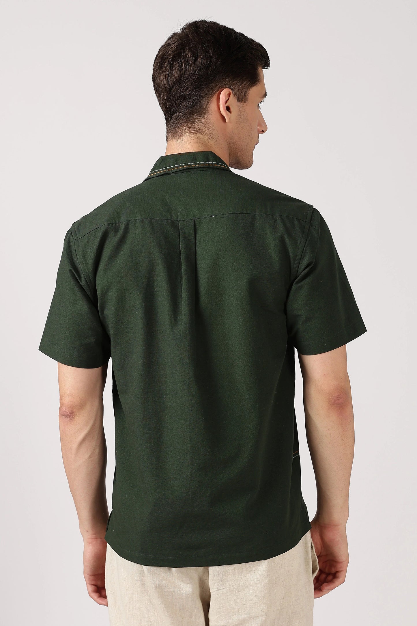 Flexili™ Premium Men's Embroidered Cotton Half Sleeve Cuban Collar Shirt | Regular Fit | Dark Green