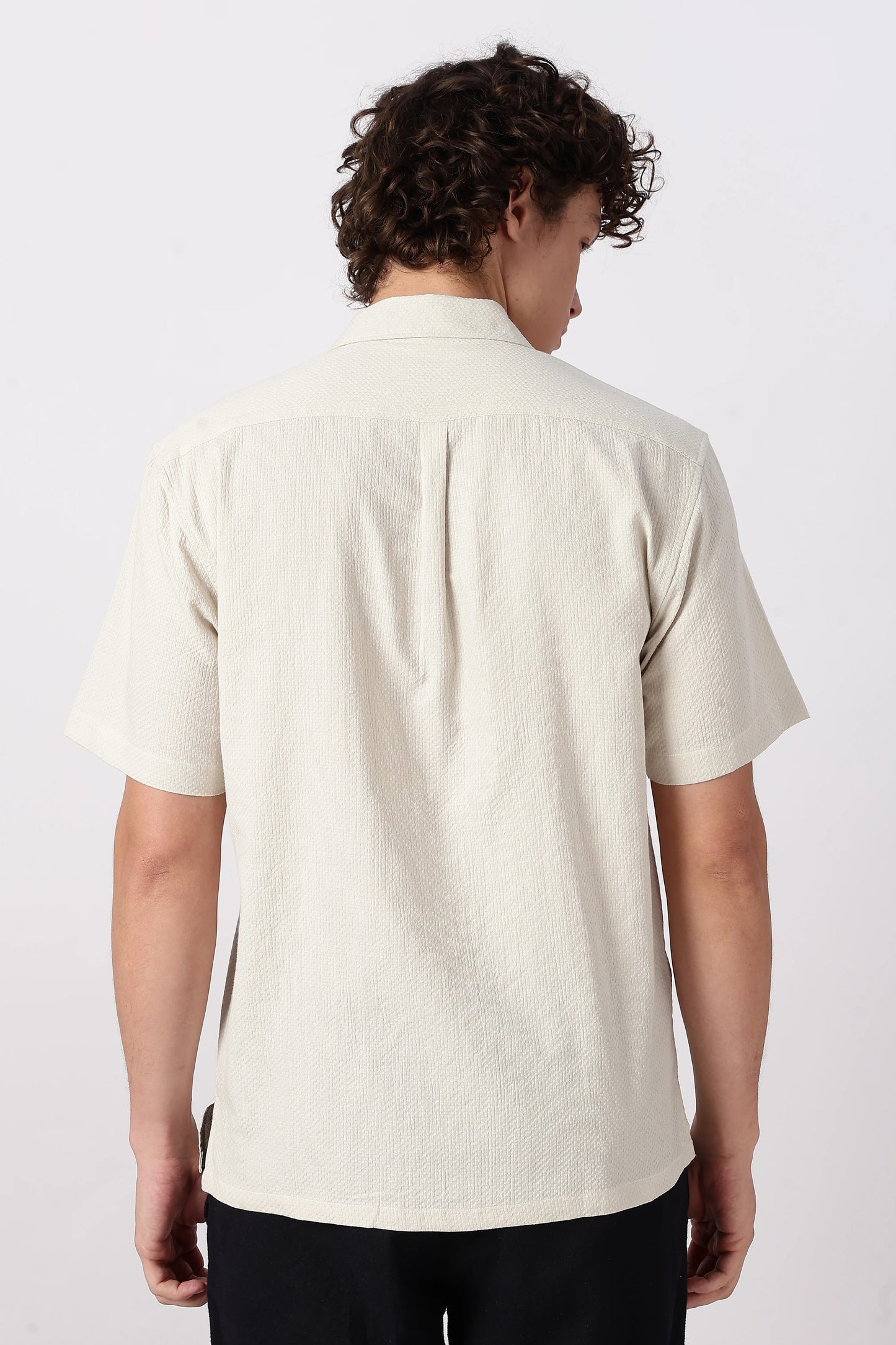 Flexili™ Premium Men's Textured Cotton Cuban Collar Half Sleeve Shirt | Scenic Embroidered Patches | Regular Fit | Off White