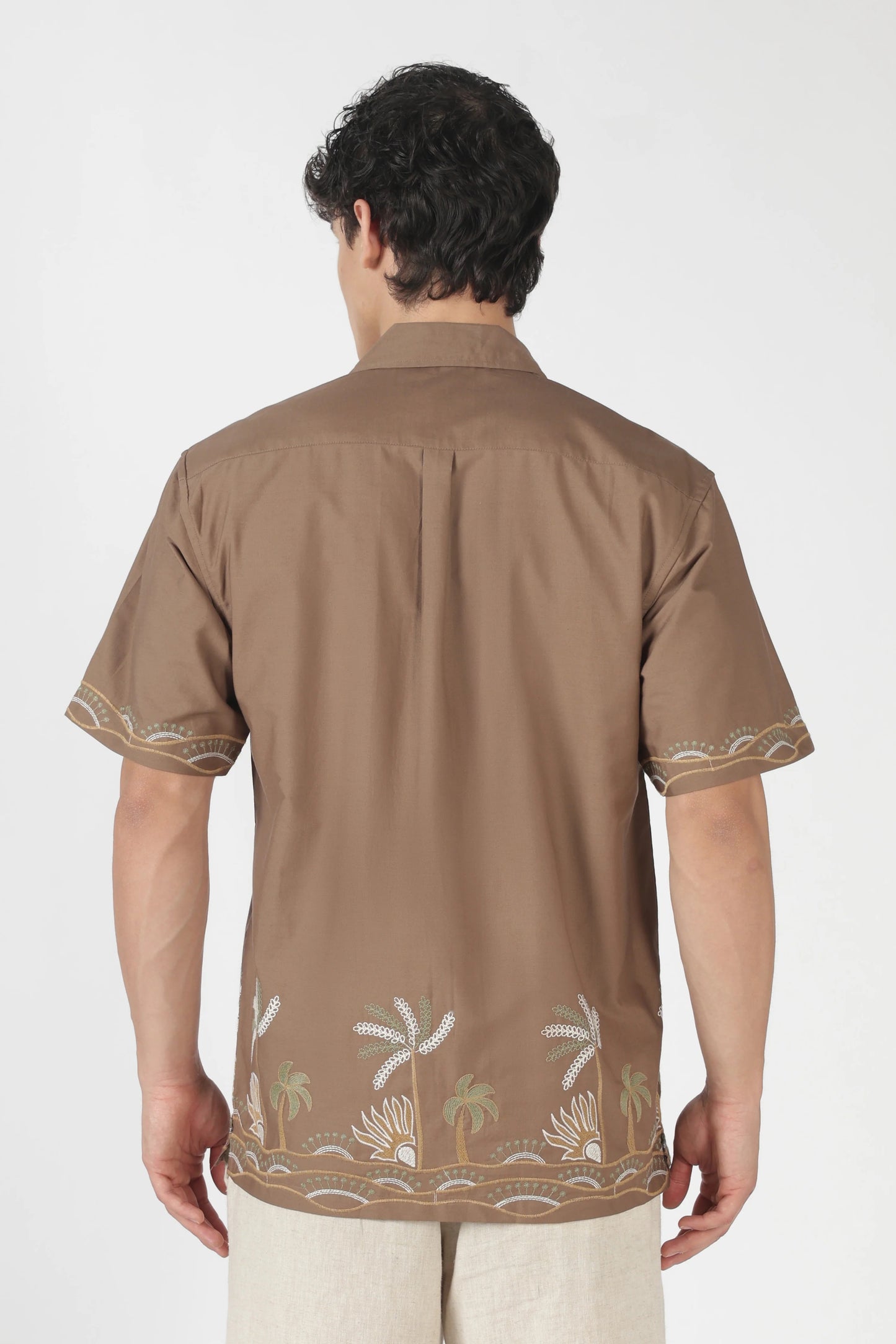 Flexili™ Premium Men's Tropical Embroidered Cuban Collar Half Sleeve Cotton Shirt | Regular Fit | Mocha Brown