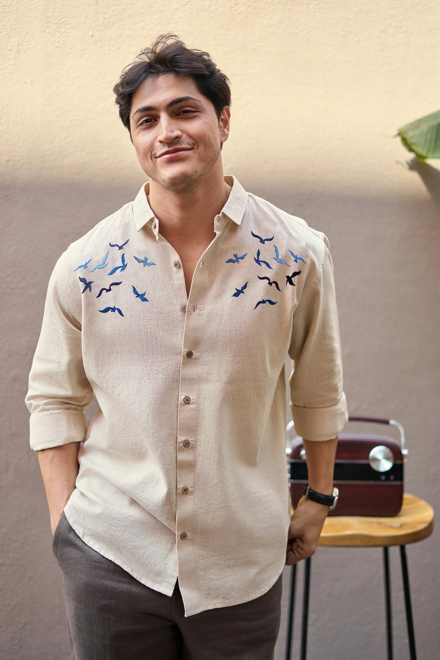 Flexili™ Premium Men's Embroidered Cotton Casual Shirt with Flying Bird Embroidery | Full Sleeve | Regular Fit | Beige