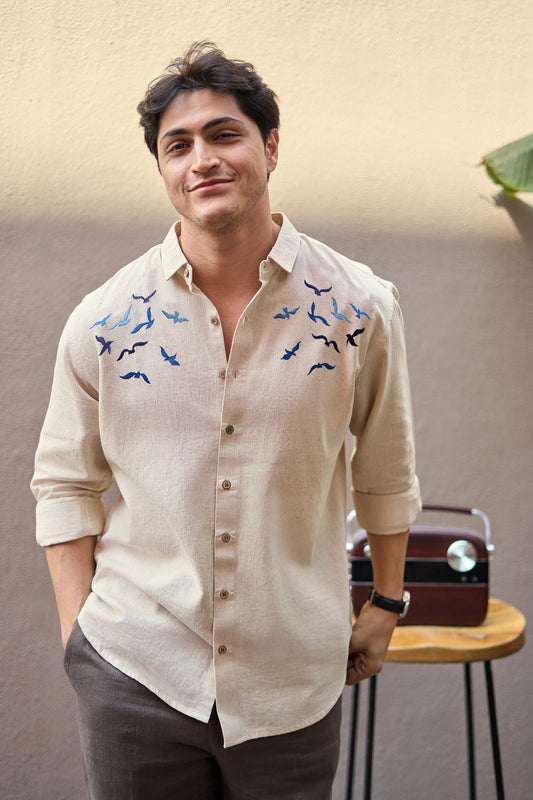 Flexili™ Premium Men's Embroidered Cotton Casual Shirt with Flying Bird Embroidery | Full Sleeve | Regular Fit | Beige