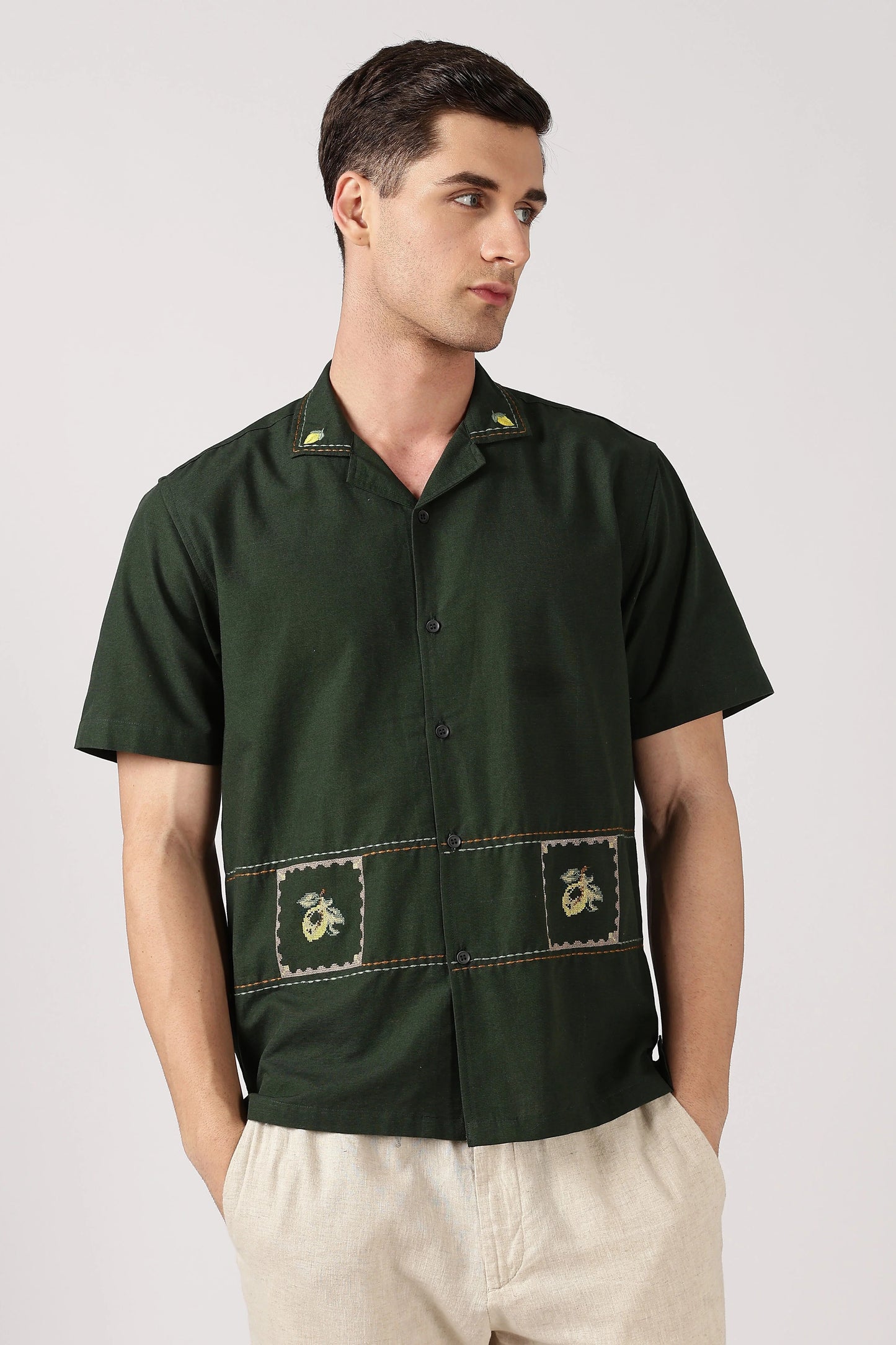 Flexili™ Premium Men's Embroidered Cotton Half Sleeve Cuban Collar Shirt | Regular Fit | Dark Green