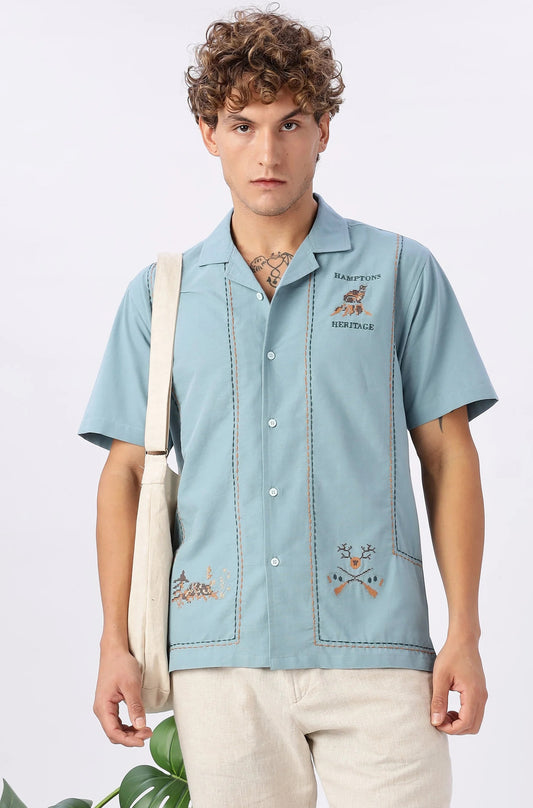 Flexili™ Premium Men's Embroidered Cuban Collar Half Sleeve Cotton Shirt | Heritage Edition | Regular Fit | Sky Blue