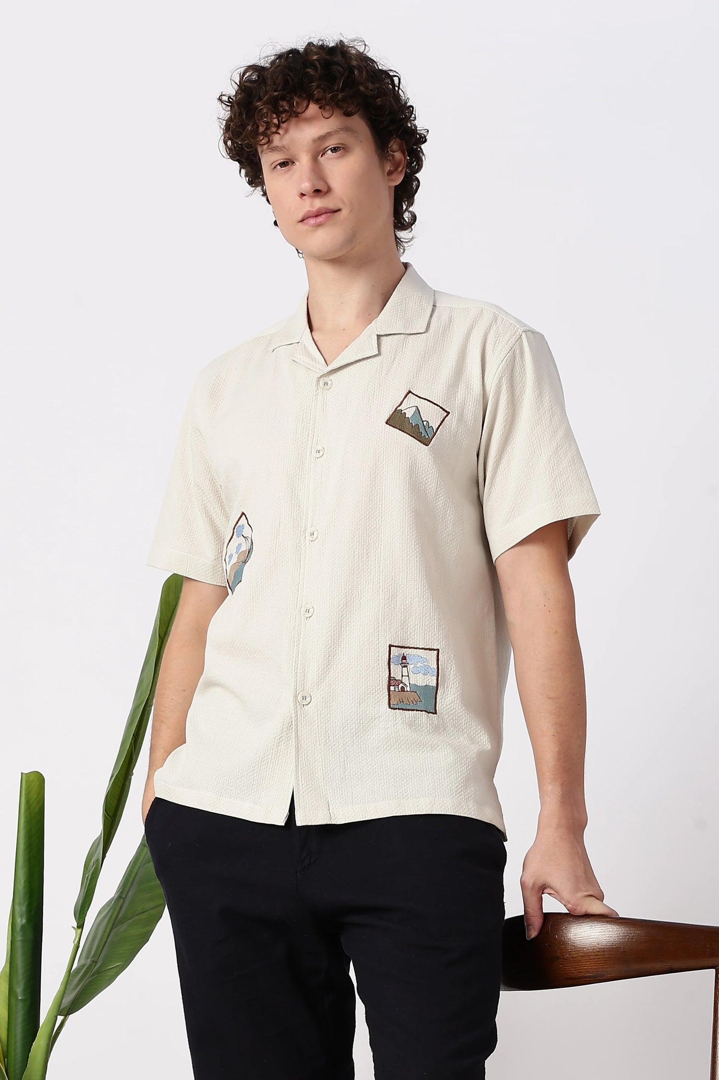 Flexili™ Premium Men's Textured Cotton Cuban Collar Half Sleeve Shirt | Scenic Embroidered Patches | Regular Fit | Off White