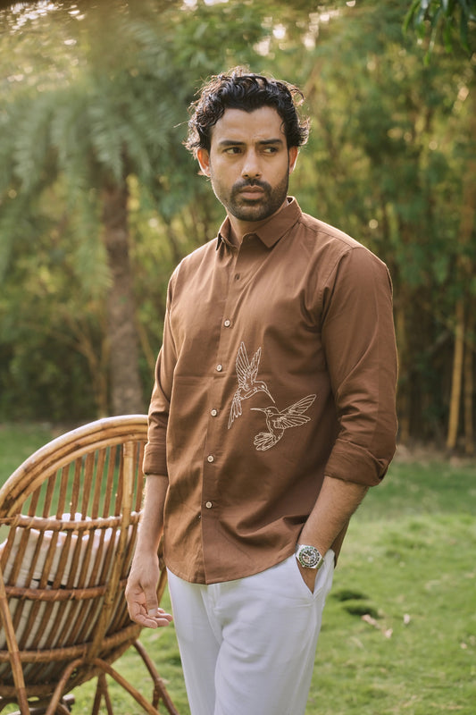 Flexili™ Premium Men's Embroidered Cotton Casual Shirt with Bird Design | Full Sleeve | Regular Fit | Brown