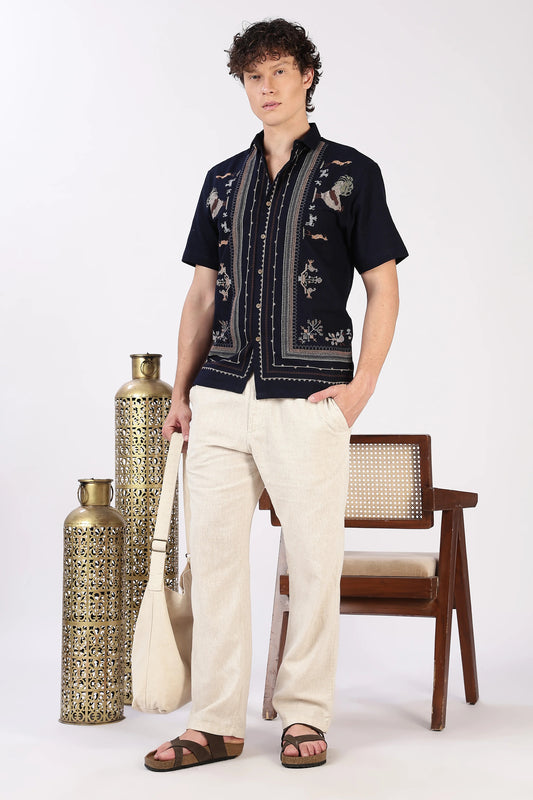 Flexili™ Premium Men's Ethnic Embroidered Cuban Collar Half Sleeve Cotton Shirt | Heritage Artisan Collection | Regular Fit | Black