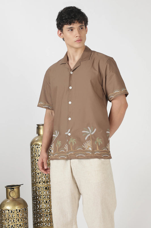 Flexili™ Premium Men's Tropical Embroidered Cuban Collar Half Sleeve Cotton Shirt | Regular Fit | Mocha Brown