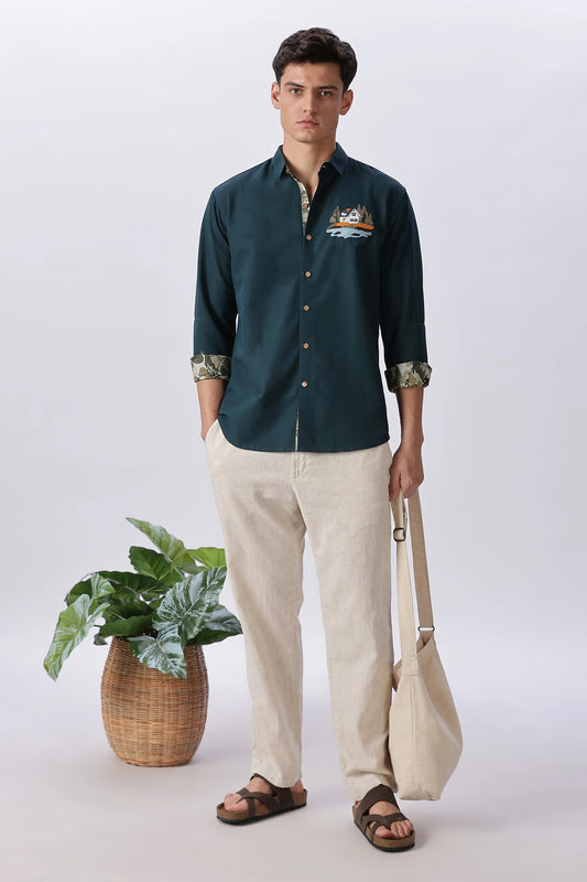 Flexili™ Premium Men's Embroidered Cotton Casual Shirt | Scenic Embroidery | Full Sleeve | Regular Fit | Deep Teal